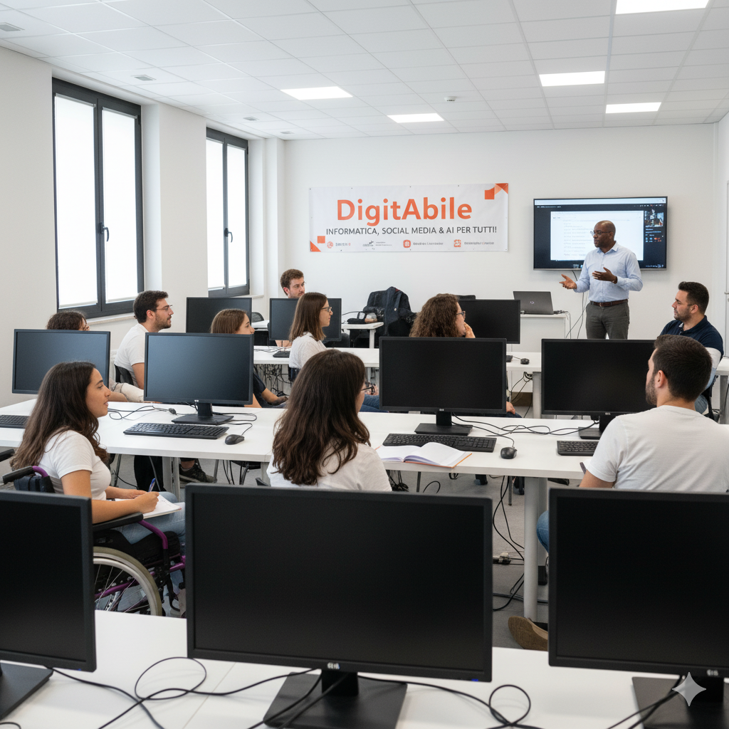 Aula DigitAbile: persone diverse usano PC e tablet; icone sottotitoli, microfono e lente per l’accessibilità.